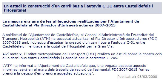 Not&iacute;cia publicada a la web de l'Ajuntament de Castelldefels informant de la seva petici&oacute; per crear un carril bus a l'autovia de Castelldefels (3 de mar&ccedil; de 2008)
